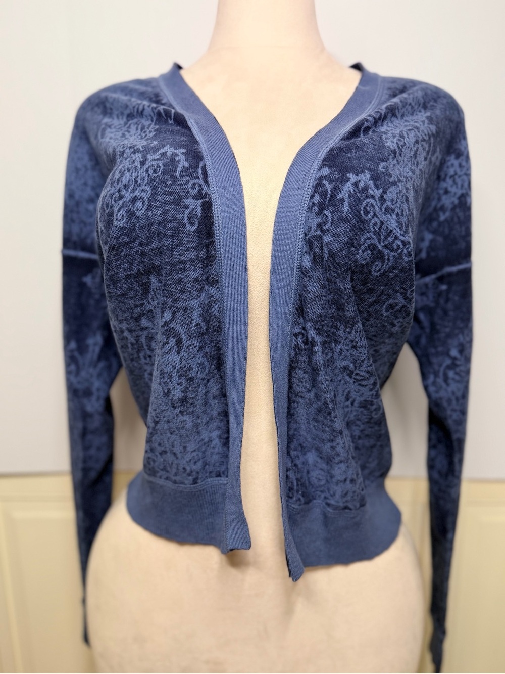 Ruff Hewn Blue Tonal Floral Burnout Open Front Cardigan Size S 100% Cotton Boho